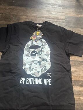 A Bathing Ape Black Tee with Gray Camo Ape Head